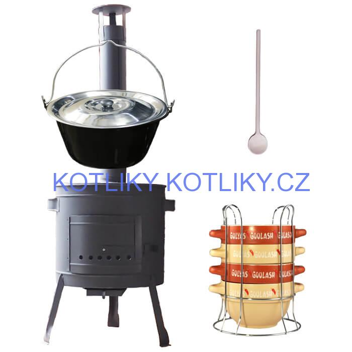 Smaltovaný kotlík 25 L (1,2 mm) + misky na guláš 4 ks + nízká žáruvzdorná kotlina 42 PLUS 600