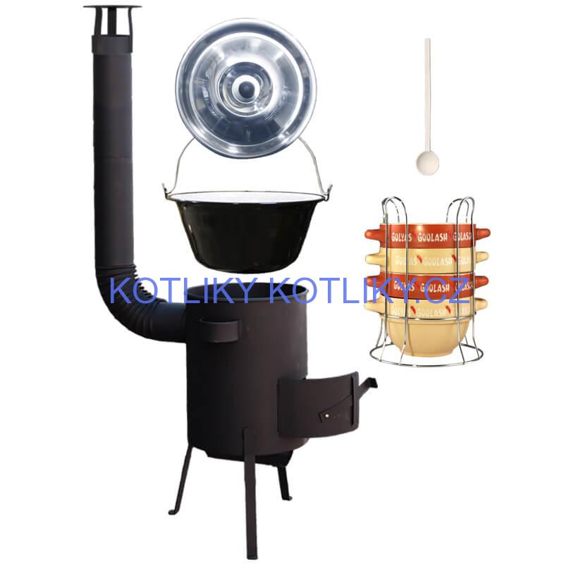 Smaltovaný kotlík 22 L (1,2 mm) + misky na guláš 4 ks + žáruvzdorná kotlina 42 PLUS 600 4 MM