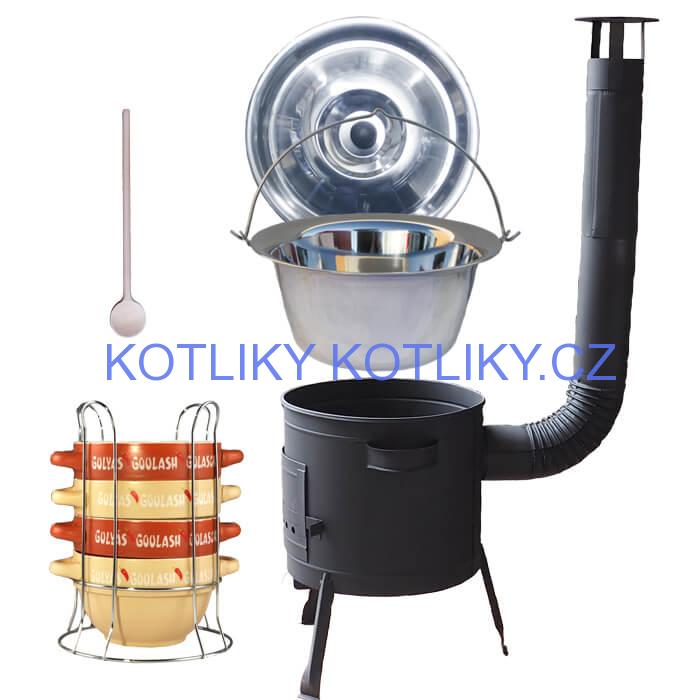 Nerezový kotlík 22 L (0,8 mm) INOX + misky na guláš 4 ks + nízká žáruvzdorná kotlina 42 PLUS 600