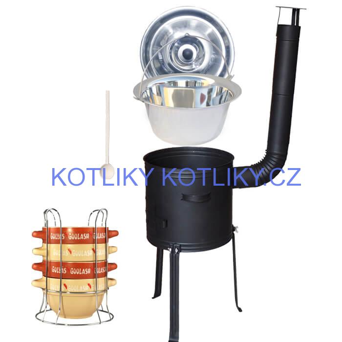 Nerezový kotlík 22 L (0,8 mm) INOX + misky na guláš 4 ks + nízká žáruvzdorná kotlina 42 PLUS 700