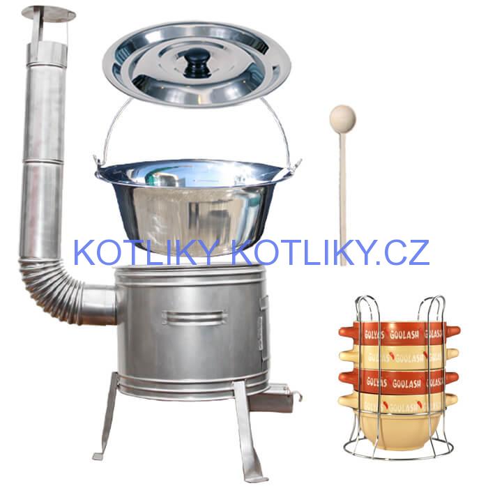 Nerezový kotlík 22 L (0,8 mm) INOX + misky na guláš 4 ks + nerezová kotlina 42 cm TOPLUX