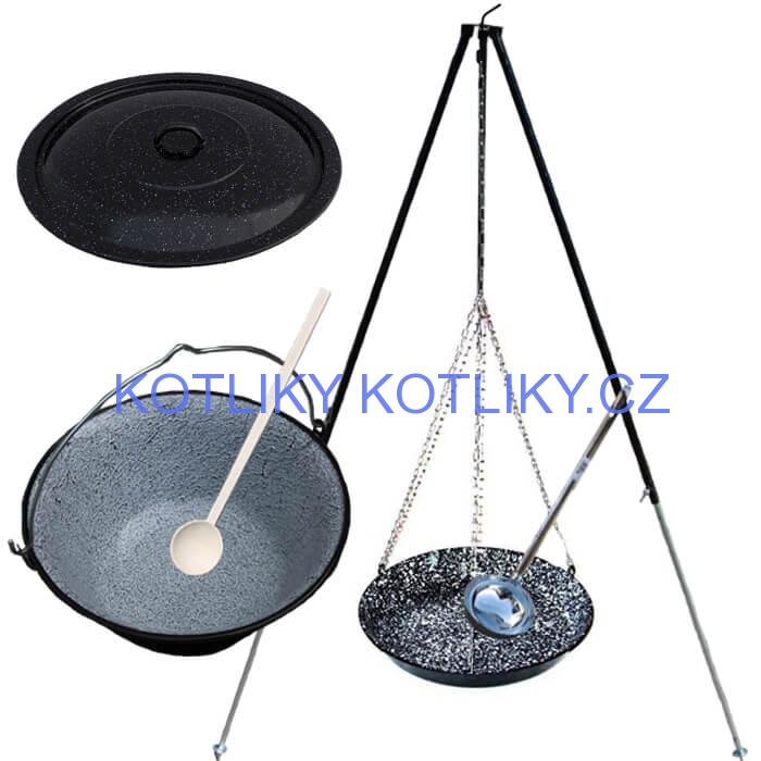 Smaltovaný kotlík 30 L + pánev na grilování + teleskopická trojnožka