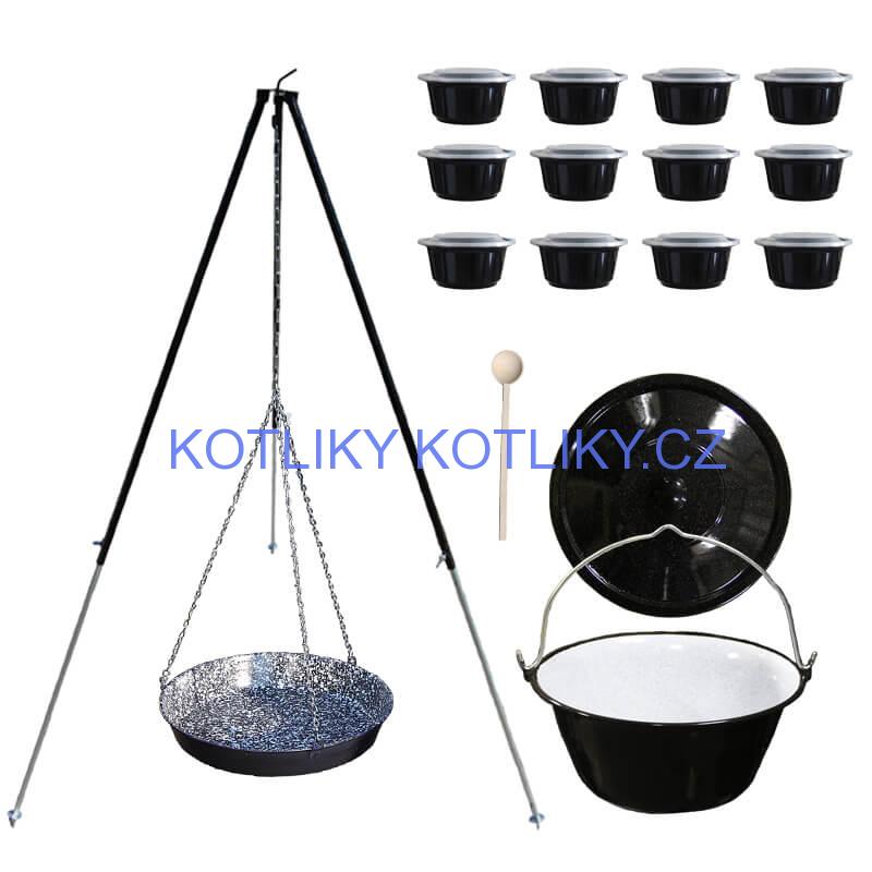 Smaltovaný kotlík 30 L + pánev na grilování + teleskopická trojnožka + misky 12 ks