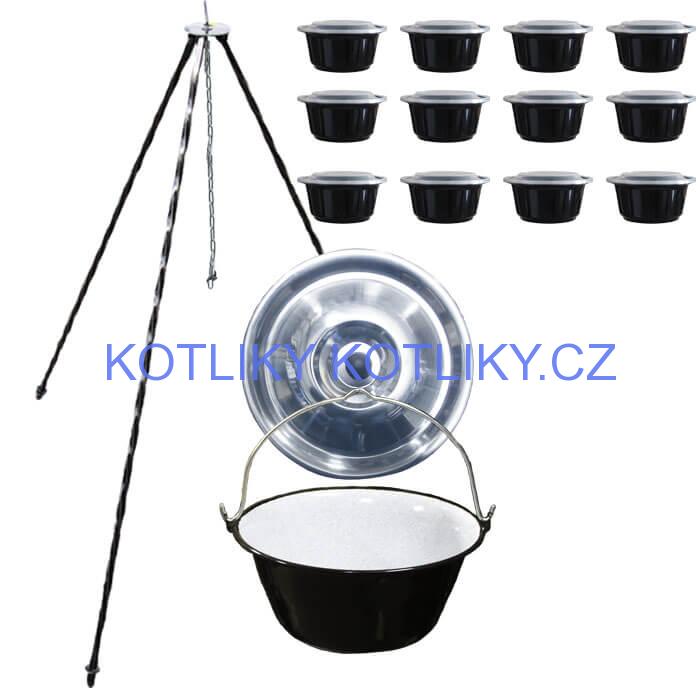 Smaltovaný kotlík 10 L (1,2 mm) + nerezová poklice + trojnožka 1,20 m + misky 12 ks