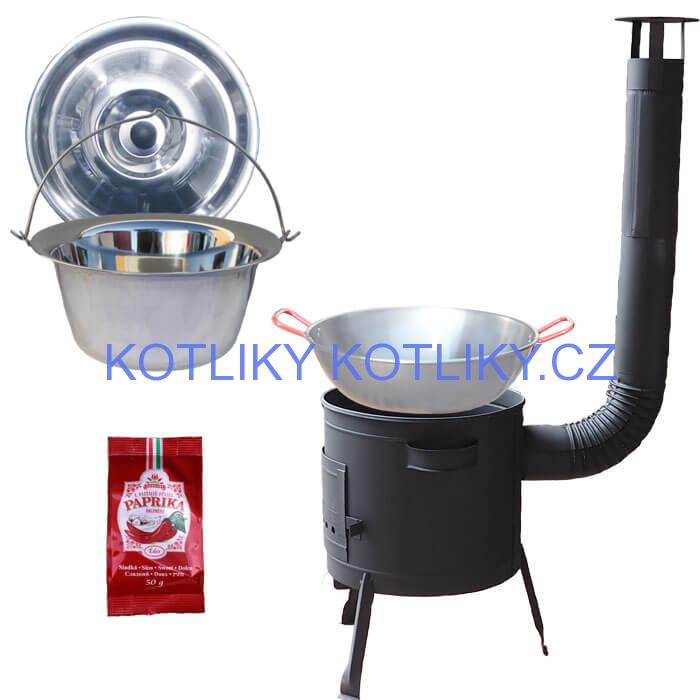 Nerezový kotlík 22 L (0,8 mm) INOX + Pánev PAELLA (WOK) 45 cm + sladká paprika 50 g + nízká kotlina 42 PLUS 600