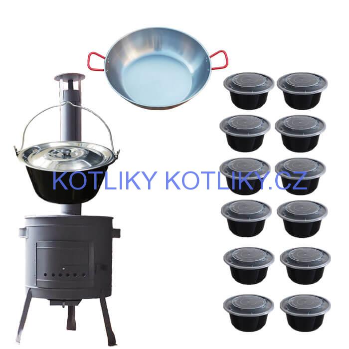 Smaltovaný kotlík 22 L + Pánev PAELLA (WOK) 45 cm + misky 12 ks + nízká kotlina 42 PLUS 600
