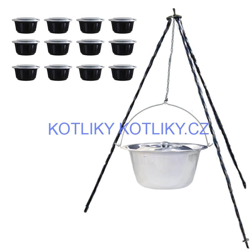 Nerezový kotlík 10 L (0,8 mm) INOX + poklice + trojnožka 1,20 m + misky 12 ks