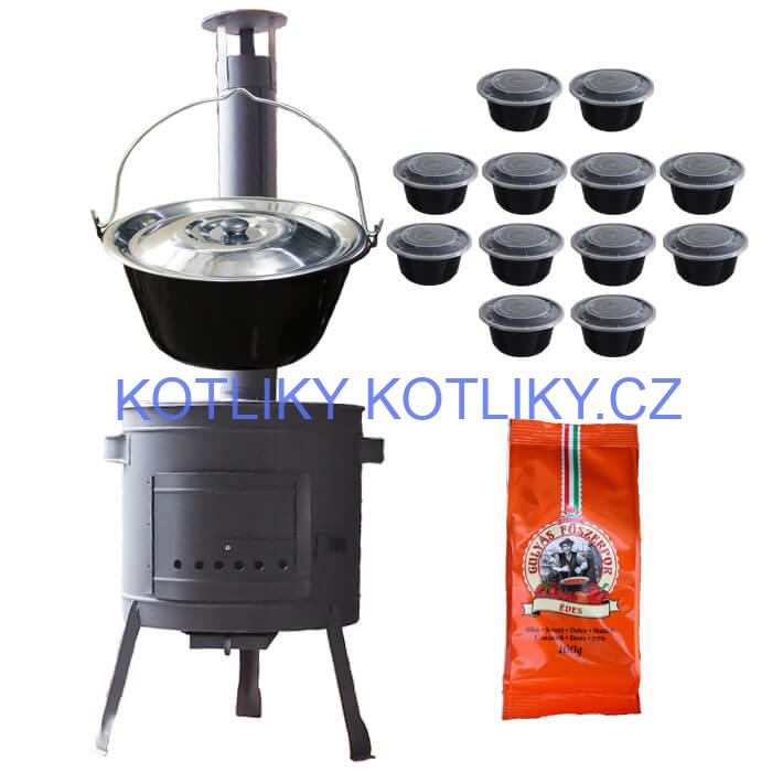 Smaltovaný kotlík 20 L (1,2 mm) + poklice + misky 12 ks + nízká žáruvzdorná kotlina (0,8 mm) 42 PLUS 600