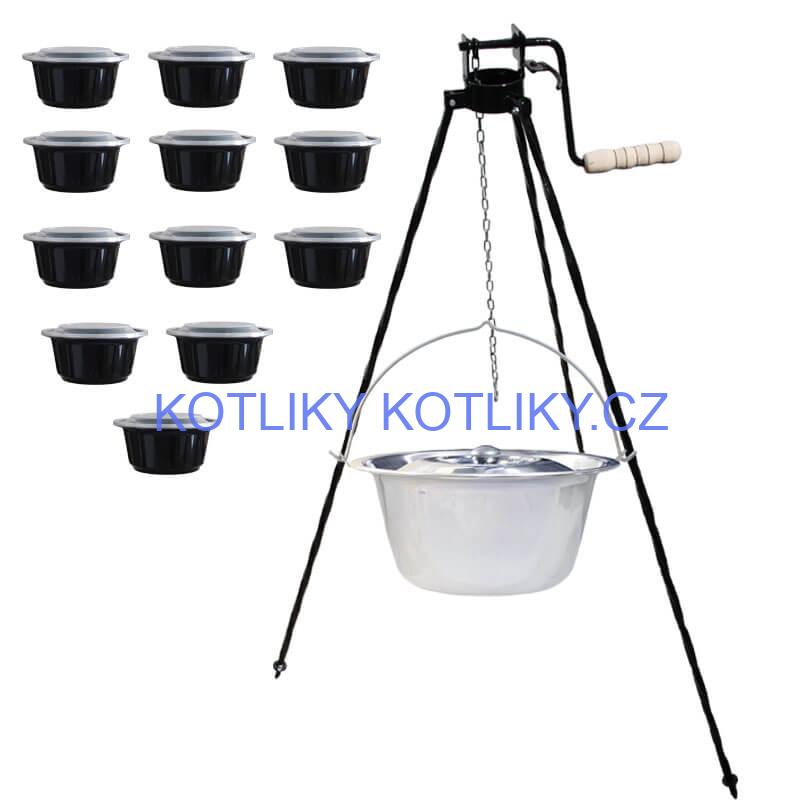Nerezový kotlík 14 L (0,8 mm) INOX + stojan s kladkou VAR + misky 12 ks