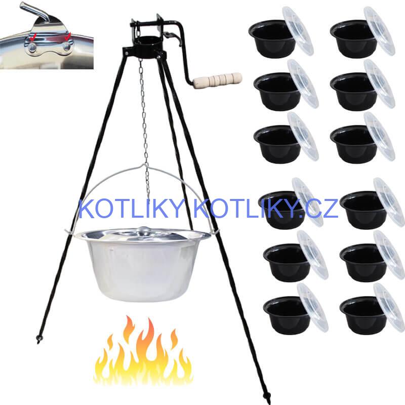 Nerezový kotlík 15 L (0,8 mm) s nýty + stojan s kladkou VAR + misky 12 ks