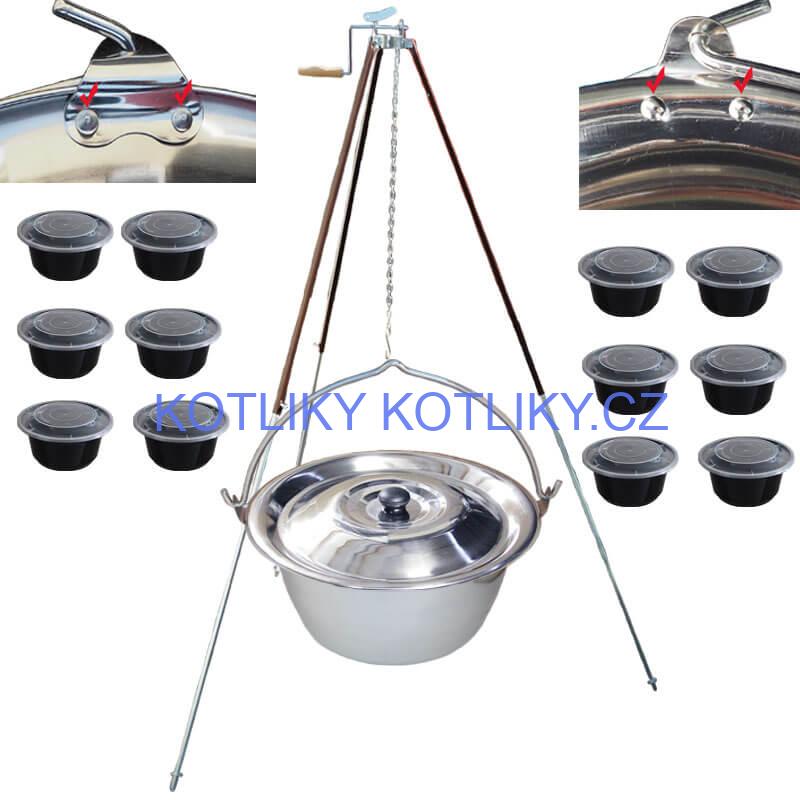 Nerezový kotlík 30 L (0,8 mm) s nýty + teleskopická trojnožka s pojistnou kladkou + misky 12 ks