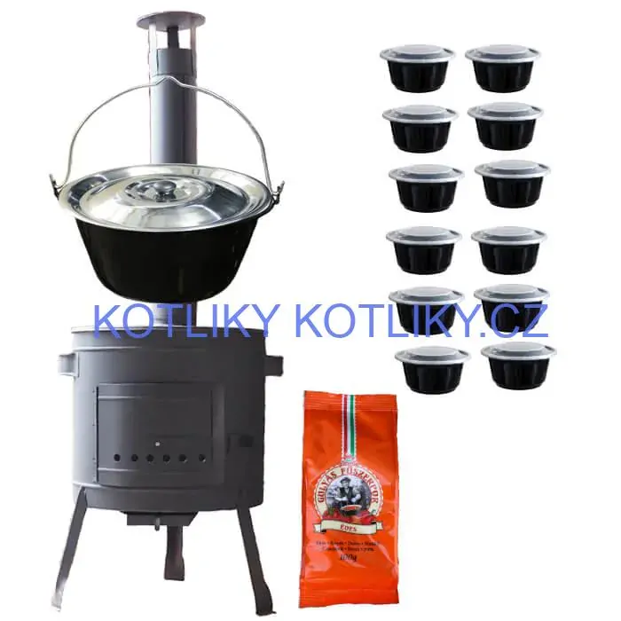 Smaltovaný kotlík 25 L (1,2 mm) + silnostěnná (1,5 mm) žáruvzdorná kotlina BALKY STRONG 42 PLUS 600 + misky 12 ks + paprikové koření na guláš 100 g