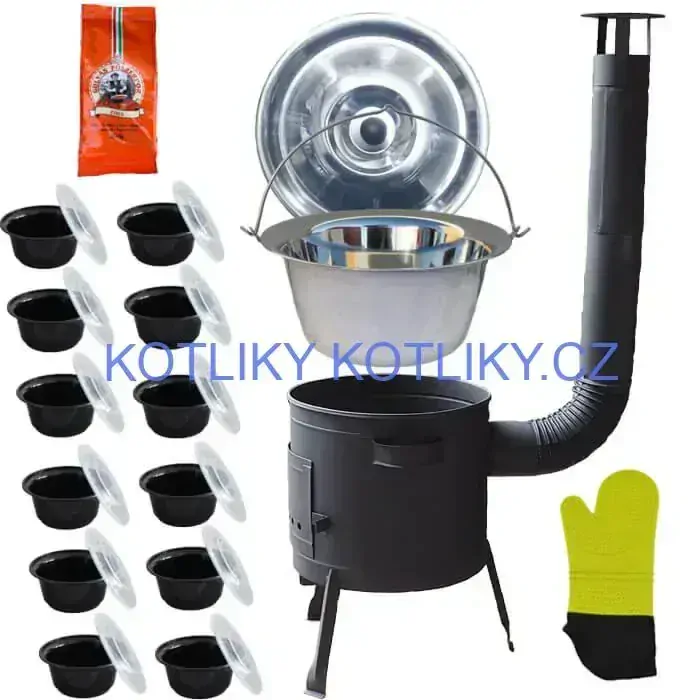 Nerezový kotlík 22 L (0,8 mm) + misky 12 ks + nízká žáruvzdorná kotlina (0,8 mm) 42 PLUS 600