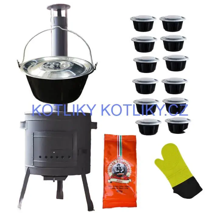 Smaltovaný kotlík 22 L (1,2 mm) + misky 12 ks + nízká žáruvzdorná kotlina (1,5 mm) 42 PLUS 600
