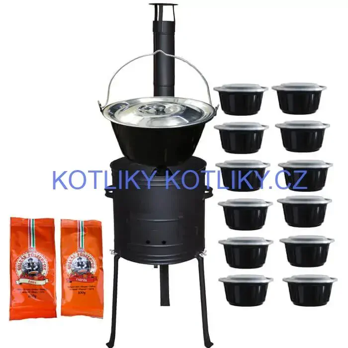 Smaltovaný kotlík 22 L (1,2 mm) + žáruvzdorná kotlina 42 cm Plus 700 + misky 12 ks + 2 x pepř na guláš 100 g