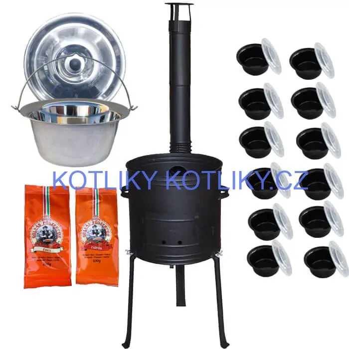 Nerezový kotlík 22 L (0,8 mm) INOX + žáruvzdorná kotlina 42 cm Plus 700 + misky 12 ks + 2 x pepř na guláš 100 g