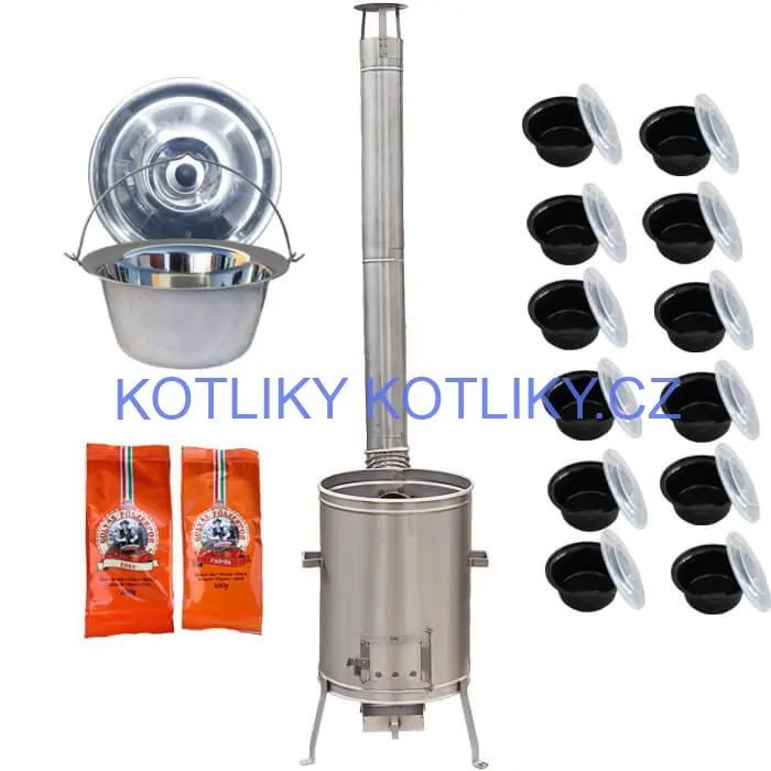 Nerezový kotlík 22 L (0,8 mm) INOX + nerezová kotlina 42 cm LUX + misky 12 ks + 2 x pepř na guláš 100 g