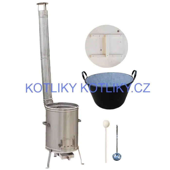 Zabijačkový smaltovaný kotel 100 L + nerezová kotlina (1,5 mm) 60 cm LUX + vařečka a naběračka
