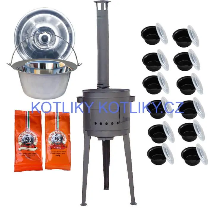 Nerezový kotlík 22 L (0,8 mm) INOX + vysoká žáruvzdorná kotlina (1,5 mm) HODO 42 cm PLUS 600 + misky 12 ks + 2 x pepř na guláš 100 g