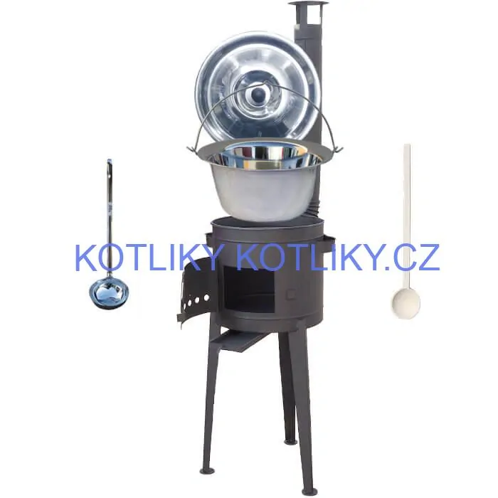Nerezový kotlík 20 L (1,2 mm) INOX + vysoká žáruvzdorná kotlina (2,0 mm) HODO 42 cm PLUS 600 + vařečka + naběračka