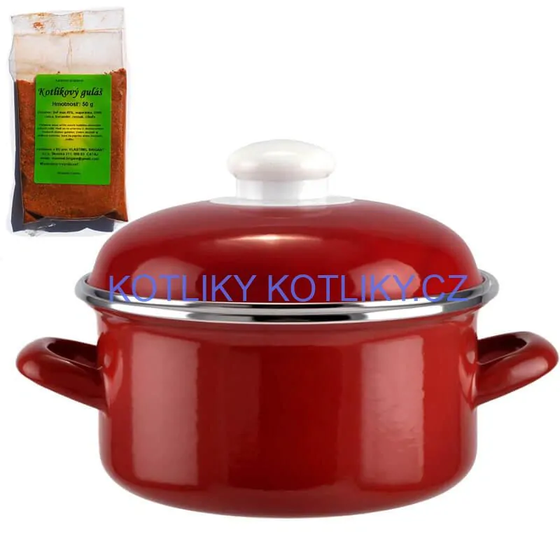 Smaltovaný kastrol s poklicí 2 L červený + pikantní směs koření 50 g Kotlíkový guláš
