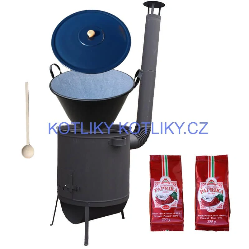 Smaltovaný kotel 70 L na zabijačku + žáruvzdorná kotlina 53 PLUS 600 4 MM + sladká a pálivá (2 x 250 g) + vařečka