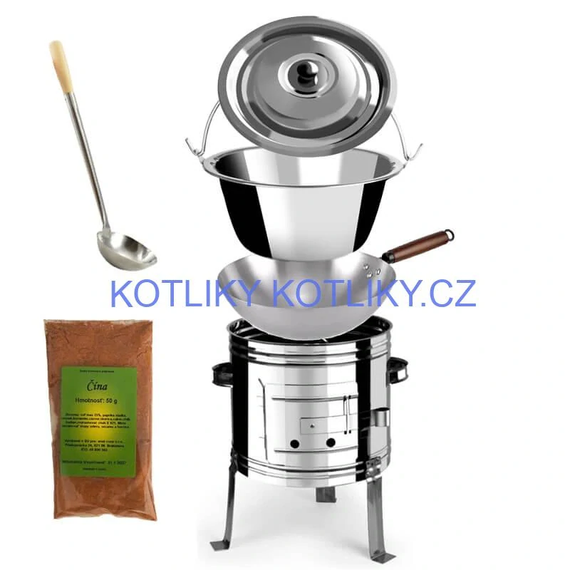 Nerezový kotlík 10 L (0,8 mm) + nerezová kotlina 31 INOX + Wok + koření 50 g