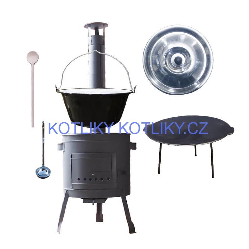 Smaltovaný kotlík 22 L + litinová pánev 45 cm + nízká žáruvzdorná kotlina 42 cm PLUS 600