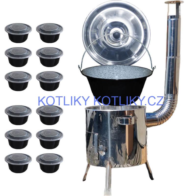 Smaltovaný kotlík 13 L + nerezová kotlina 36 INOX LUSTRO + misky 12 ks