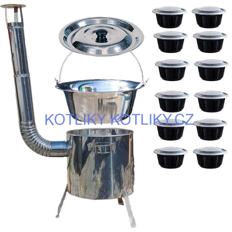 Nerezový kotlík 14 L (0,8 mm) INOX + Nerezová kotlina 36 INOX LUSTRO + misky 12 ks