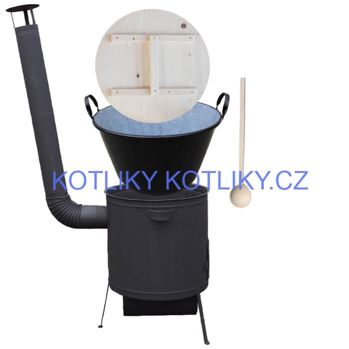 Zabijačkový smaltovaný kotel 100 L, žáruvzdorná kotlina 42 PLUS 600 4 MM, dřevěná poklice + vařečka