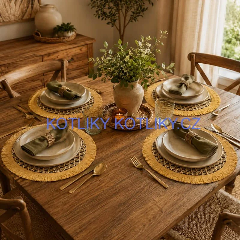Přírodní podložky pod talíř se třásněmi 37 cm, 4 ks