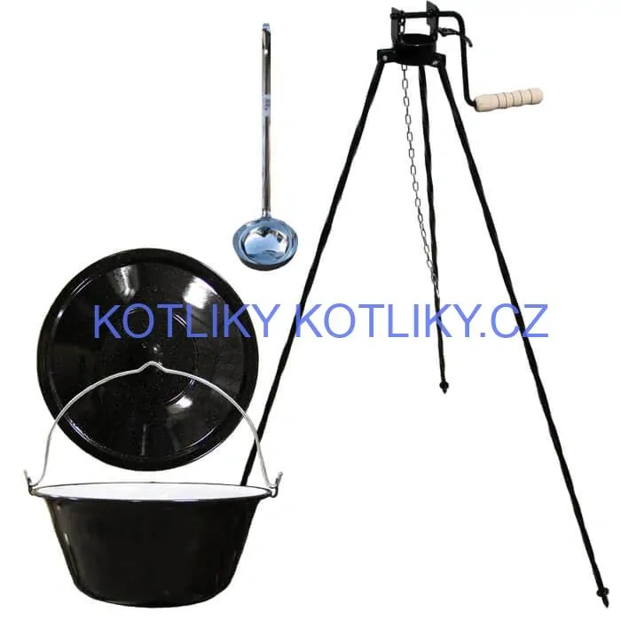 Smaltovaný kotlík 13 L + poklice + stojan s kladkou VAR