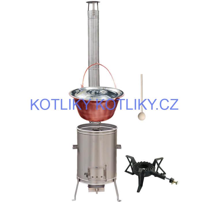 Měděný kotlík 10 L (1,2 mm) + nerezová kotlina 36 cm + litinový hořák 7 kW, vařečka LUX