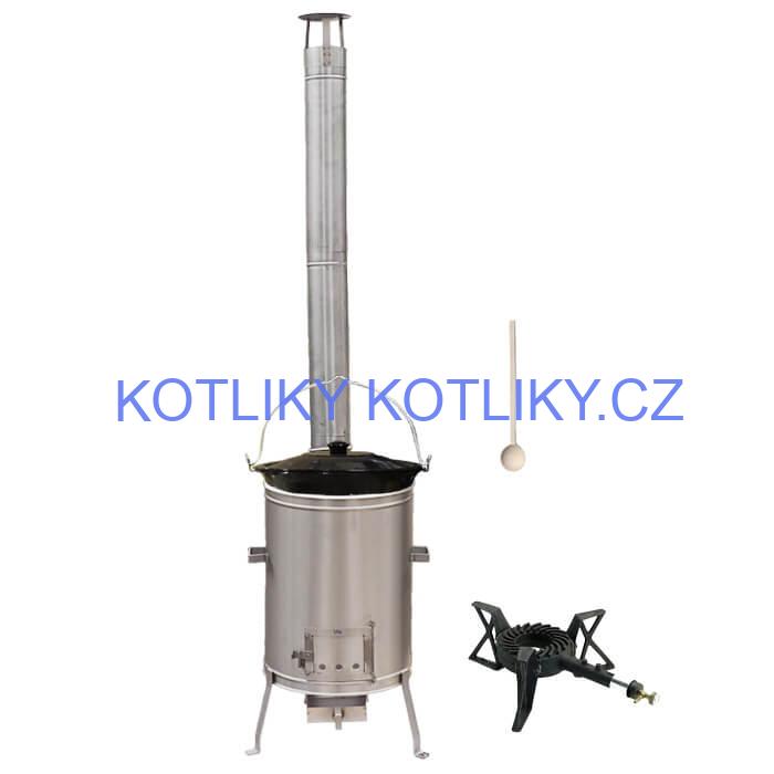 Smaltovaný kotlík 13 L (1,2 mm) + nerezová kotlina 36 cm + litinový hořák 7 kW, vařečka LUX