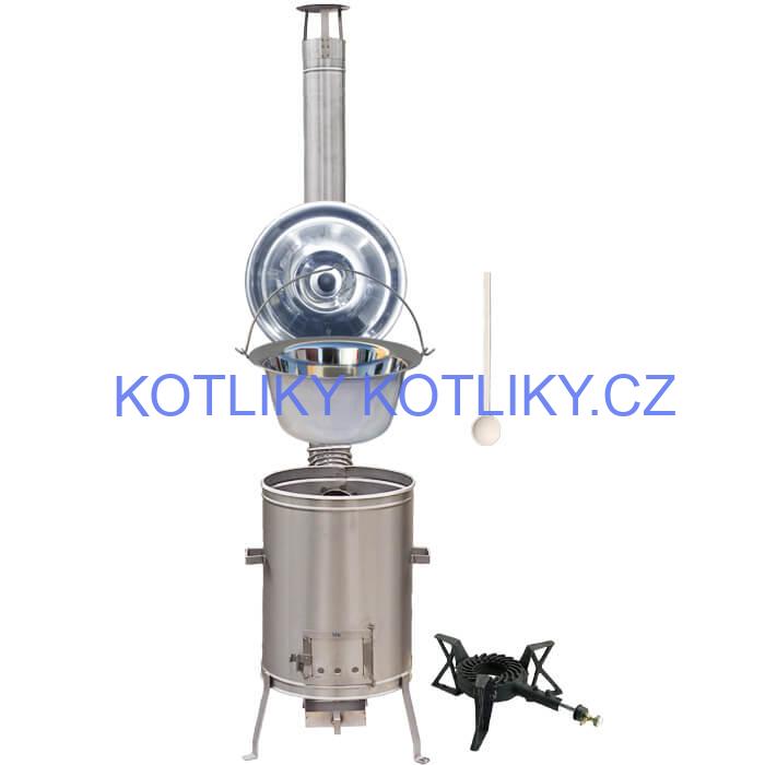 Nerezový kotlík 15 L (1,2 mm) + nerezová kotlina 36 cm + litinový hořák 7 kW, vařečka LUX
