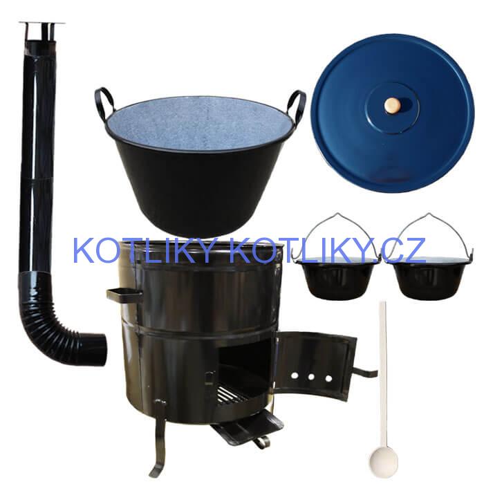 Zabijačkový smaltovaný kotel 80 L + kovová kotlina 58 cm + 2 servírovací kotlíky  a kouřovod