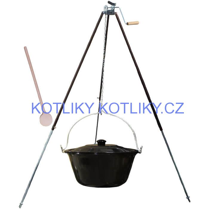 Smaltovaný kotlík 30 L (1,2 mm) + teleskopická trojnožka s pojistnou kladkou + poklice