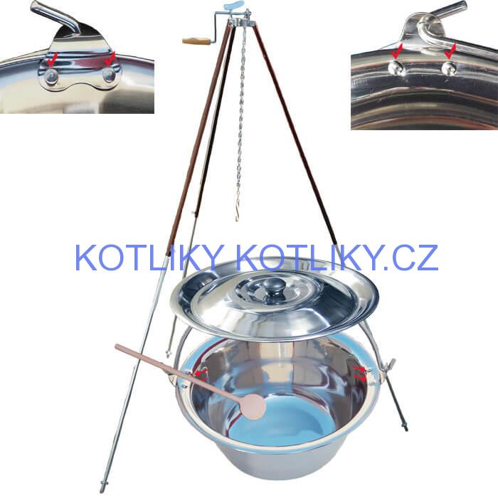 Nerezový kotlík 20 L (0,8 mm) s nýty + teleskopická trojnožka s pojistnou kladkou + poklice