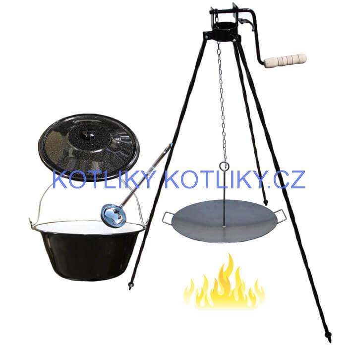 Smaltovaný kotlík 20 L (1,2 mm) + pánev na grilování a stojan s kladkou VAR