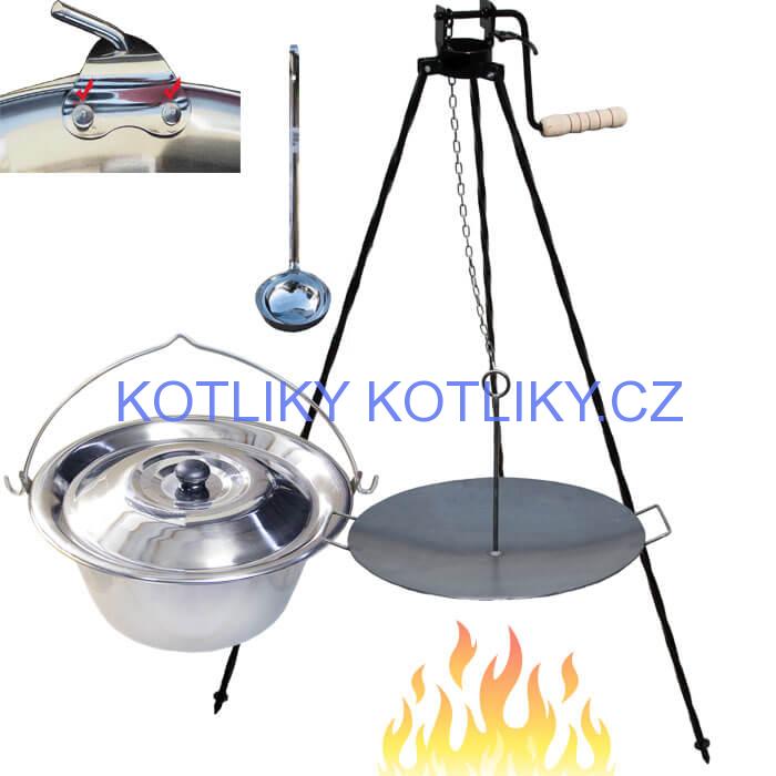 Nerezový kotlík 15 L (0,8 mm) s nýty + pánev na grilování a stojan s kladkou VAR