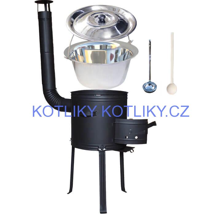 Nerezový kotlík 20 L (1,2 mm) + kovová kotlina s vysokými nožičkami 42 cm, žáruvzdorná barva Plus 700 + vařečka a naběračka