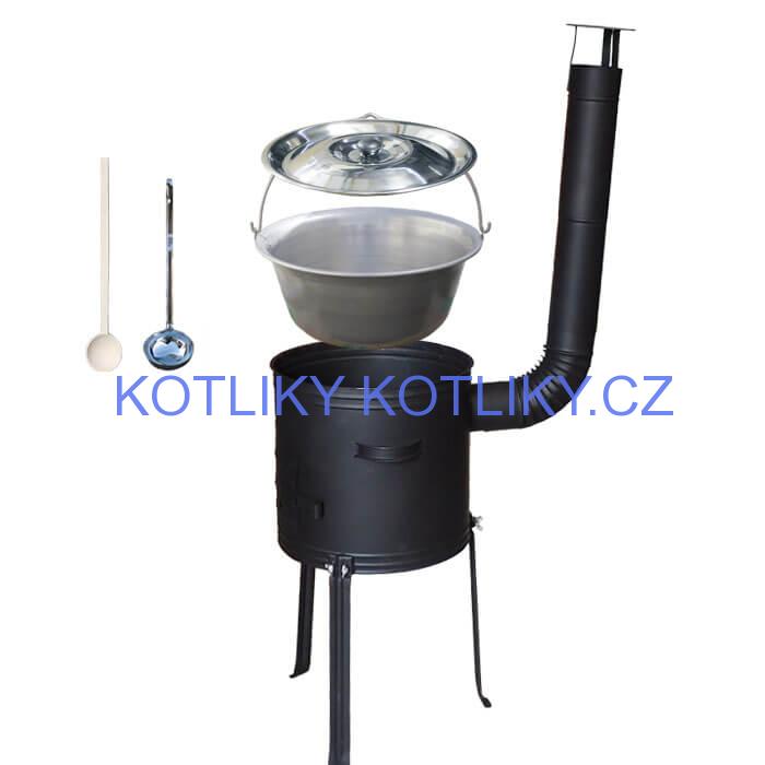 Nerezový kotlík 20 L (1,5 mm) + kovová kotlina s vysokými nožičkami 42 cm , žáruvzdorná barva Plus 700 + vařečka a naběračka