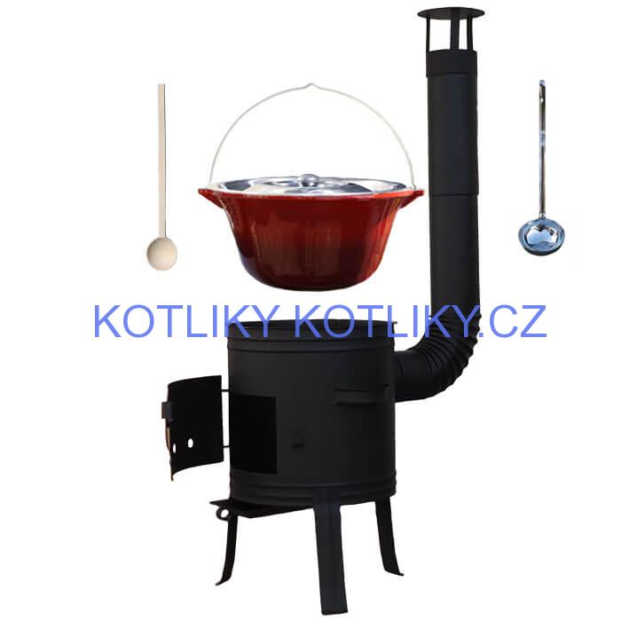 Litinový kotlík 10 L se smaltovanou úpravou + nízká žáruvzdorná kotlina 33 cm PLUS 700 + vařečka a naběračka