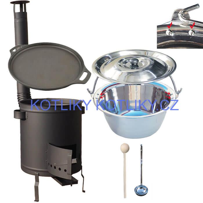 Nerezový kotlík 20 L (0,8 mm) zesílený s nýty + Litinová pánev 43 cm + silnostěnná (1,5 mm) a žáruvzdorná kotlina 42 PLUS 600