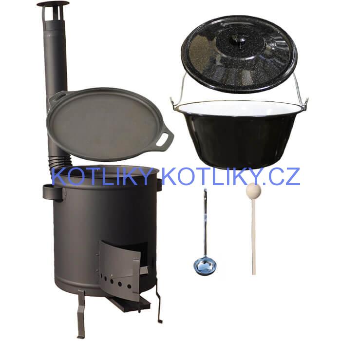 Smaltovaný kotlík 20 L (1,2 mm) + Litinová pánev 43 cm + silnostěnná (1,5 mm) a žáruvzdorná kotlina 42 PLUS 600