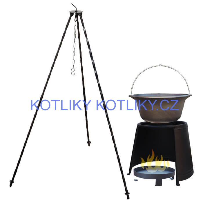 Litinový kotlík 7,2 L + chránič plamene 32 cm + ohniště 36 cm + trojnožka 1,2 m
