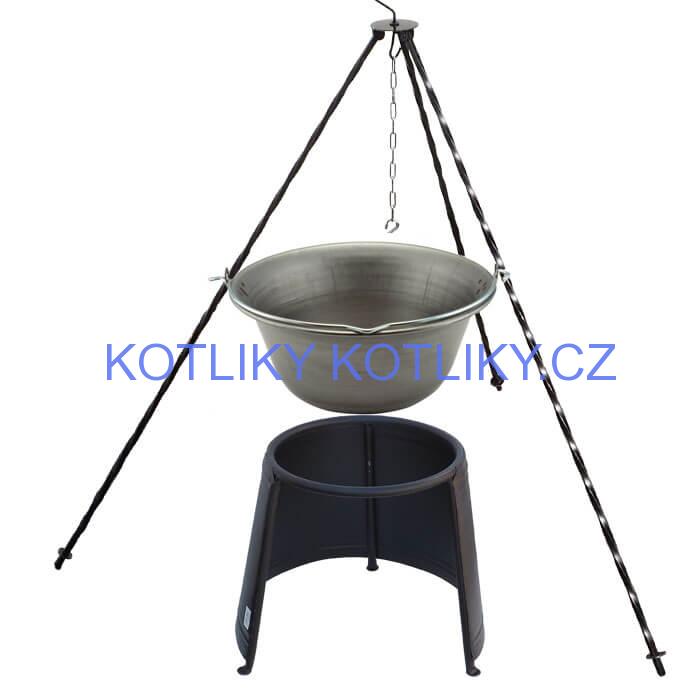 Železný kotlík 10 L (0,75 mm) + chránič plamene 37 cm + trojnožka 1,2 m