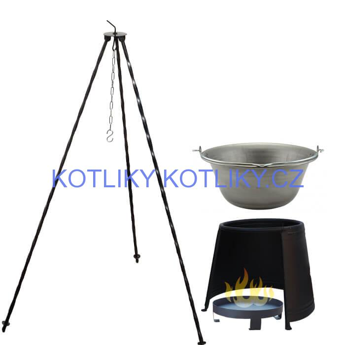 Železný kotlík 10 L (0,75 mm) + chránič plamene 37 cm + ohniště 36 cm + trojnožka 1,2 m