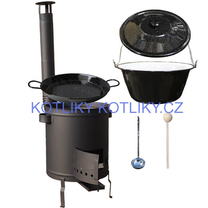 Smaltovaný kotlík 13 L (1,2 mm) + Paella pánev 38 cm + silnostěnná (1,5 mm) žáruvzdorná kotlina (1,5 mm) 36 PLUS 600